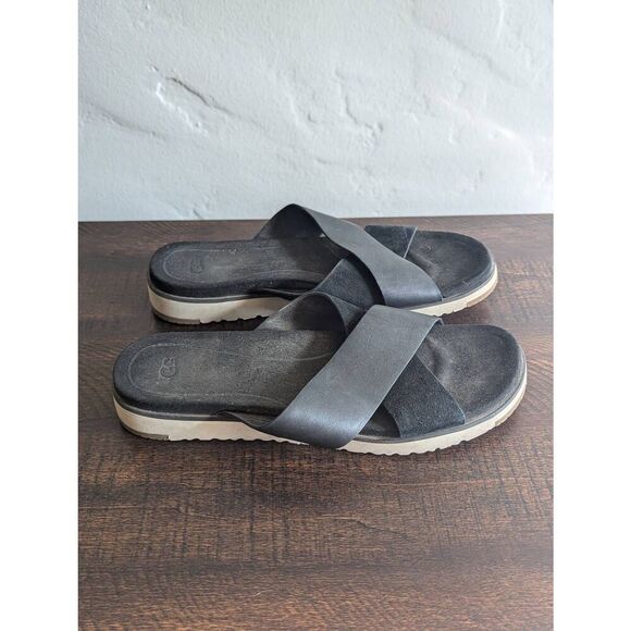 UGG Australia Kari Black Leather Crisscross Slide Sandals - Size 8.5 - Picture 1 of 8